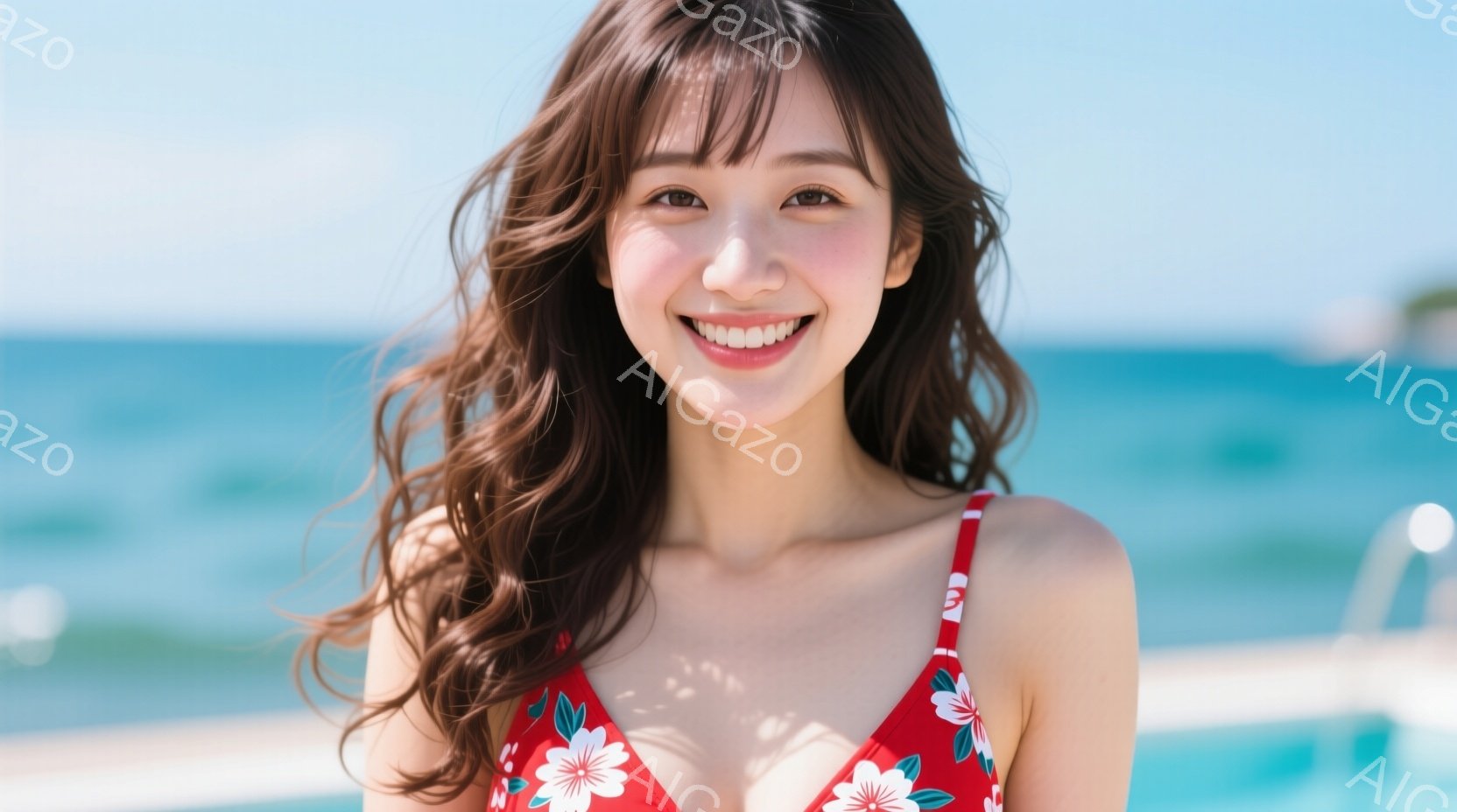 明るい笑顔を浮かべた女性が写っています。赤い花柄のビキニトップとゆるやかなウェーブヘアが印象的で、太陽の下でリラックスした雰囲気を醸し出しています。背景には青い海とプールの水面が広がり、晴天の下で爽や - AI生成フリー素材