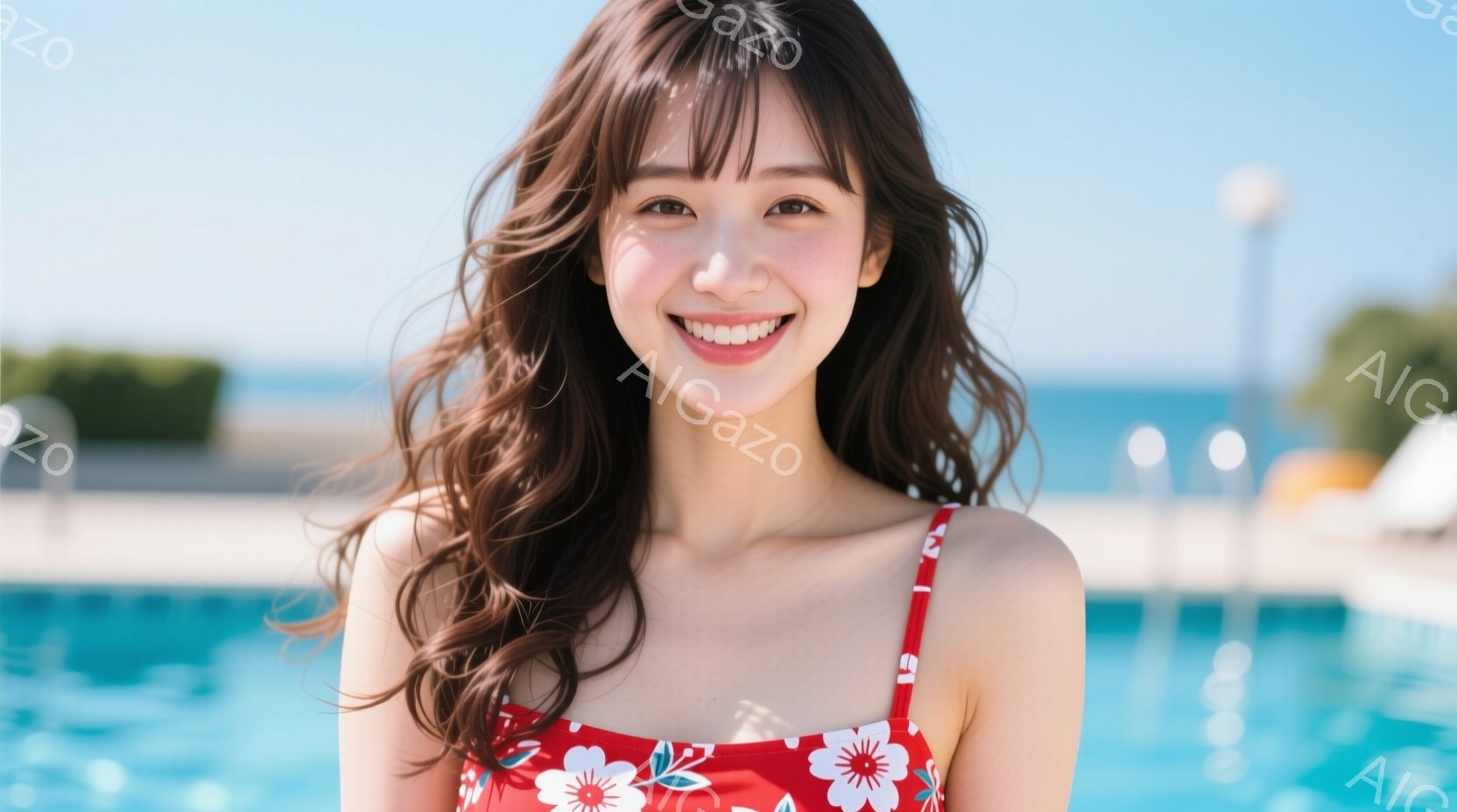 明るい笑顔を浮かべた若い女性が写っている。赤い花柄の水着を着て、ゆるやかにウェーブした茶髪が風になびいている。背景には青いプールと、ぼやけた緑の植生が見え、晴れた日のリラックスした雰囲気を醸し出してい - AI生成フリー素材