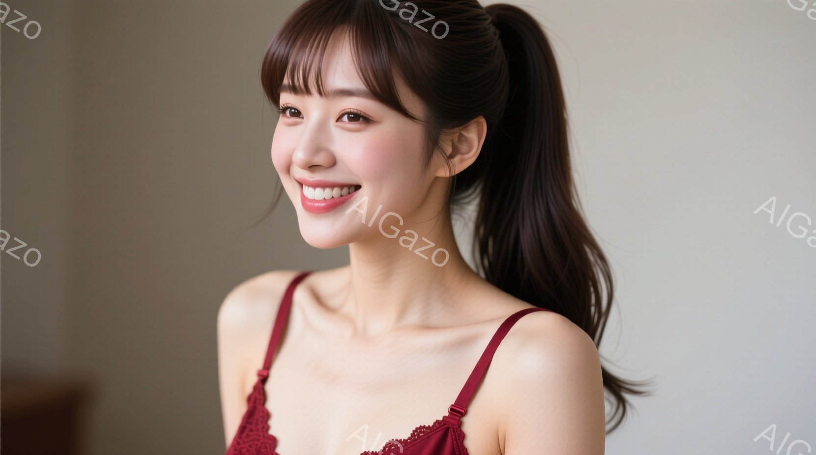 長い茶色の髪をハーフアップにし、笑顔を浮かべた若い女性が写っています。赤いキャミソールを着ており、背景はぼかした明るいベージュ色で、柔らかく優しい雰囲気です。彼女はわずかに横を向き、リラックスした姿勢 - AI生成フリー素材