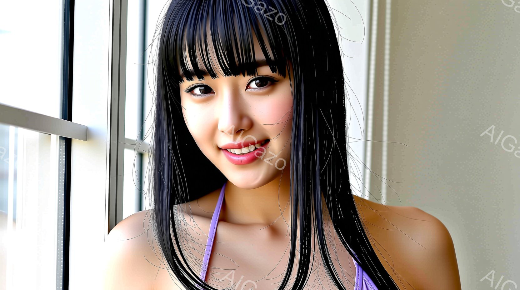 長い黒髪の女性が、紫色のストラップのトップスを着て正面を見つめています。彼女は微笑んでおり、明るい肌と魅力的な表情が印象的です。背景には白い壁と窓枠が見え、全体的に明るく清潔な雰囲気です。