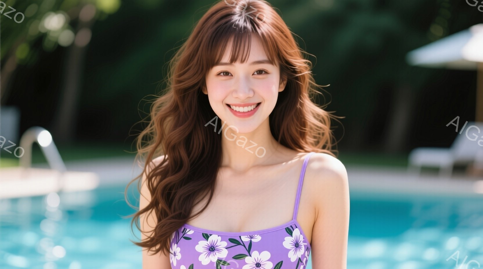 明るい笑顔を浮かべた女性が写っている。紫色の花柄が描かれたストラップレスの水着を着ており、長い茶色の髪は肩から下でウェーブがかかっている。背景には、水面が輝くプールと白いリクライニングチェア、そして緑 - AI生成フリー素材