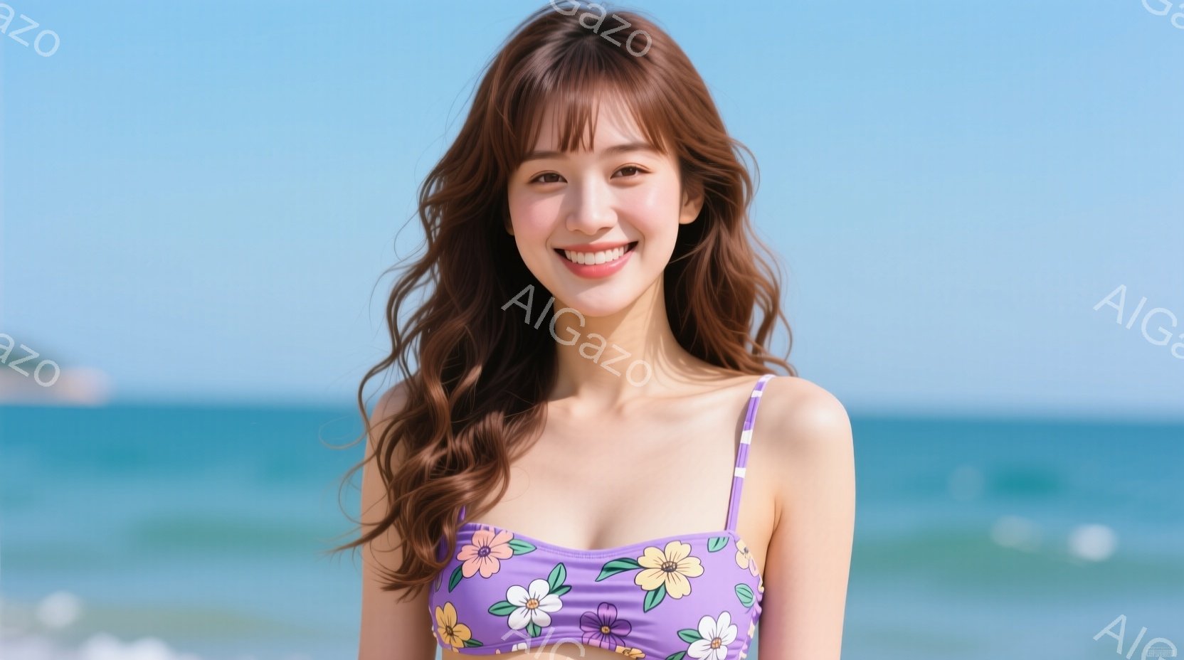 明るい紫色の花柄のビキニを着た若い女性が写っています。彼女は長い茶色の巻き毛に微笑んでおり、背景には青い海と穏やかな波が広がっています。全体的に、明るく、リラックスした夏の雰囲気が漂っています。