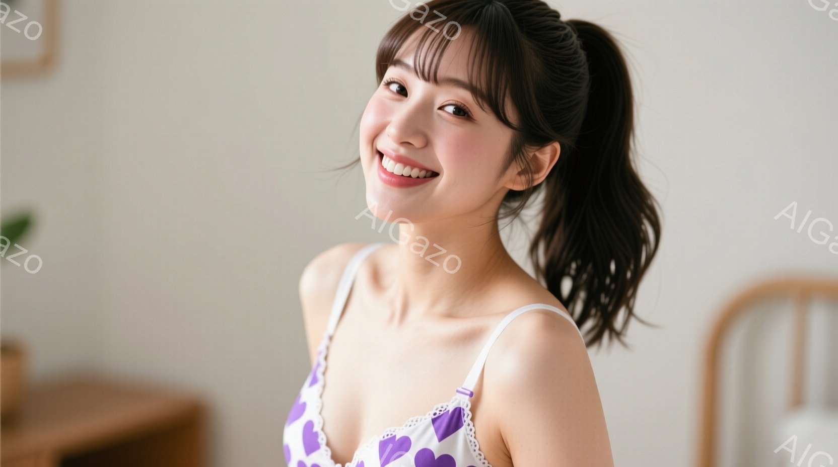 この女性は、紫色のハート柄のキャミソールを着て、明るい笑顔を見せています。髪は後ろでポニーテールにまとめられており、表情は親しみやすく、柔らかい雰囲気を醸し出しています。背景には木製の椅子と壁が見え、 - AI生成フリー素材