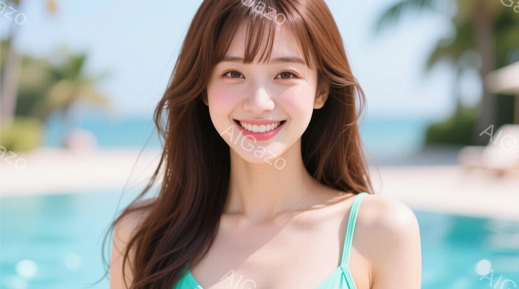 長い茶色の髪をした女性が、ターコイズブルーの水着を着て笑顔でこちらを見ている。背景には青いプールと白い建物、ヤシの木が見え、晴天の下、リゾート地の雰囲気が漂う。彼女の表情は明るく、リラックスした様子が - AI生成フリー素材