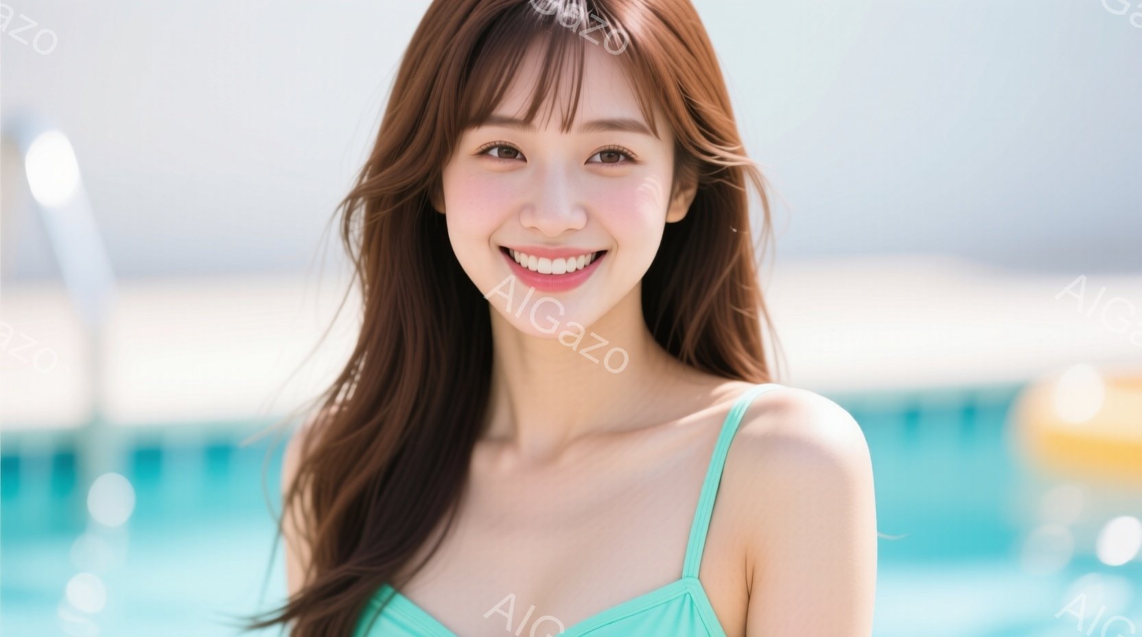 長い茶色の髪を持つ若い女性が、明るいターコイズブルーの水着を着て笑顔でカメラを見つめています。彼女は少し微笑んでおり、リラックスした姿勢で立っています。背景には青いプールとぼやけた黄色いオブジェクトがあり、晴れた日のリゾート地のような雰囲気が漂っています。