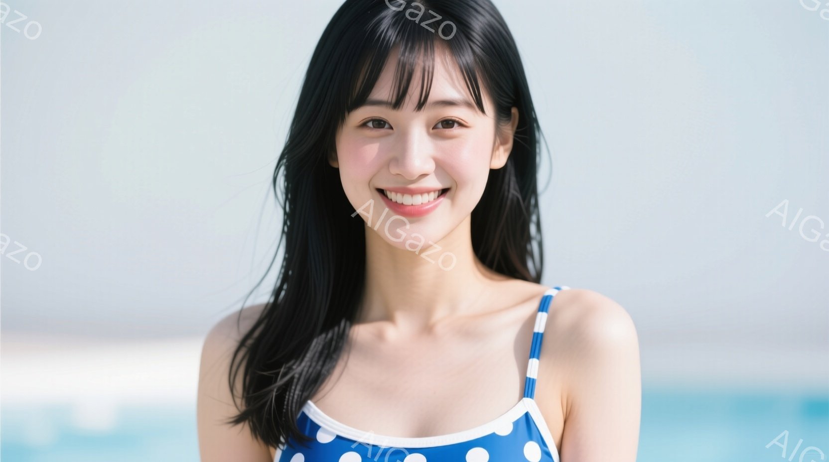 黒髪の女性が、白い水玉模様のビキニを着て、カメラに向かって微笑んでいます。彼女は肩を出し、髪は長くストレートで、表情は明るく、リラックスした雰囲気です。背景はターコイズブルーの海で、晴天の日のビーチリ - AI生成フリー素材