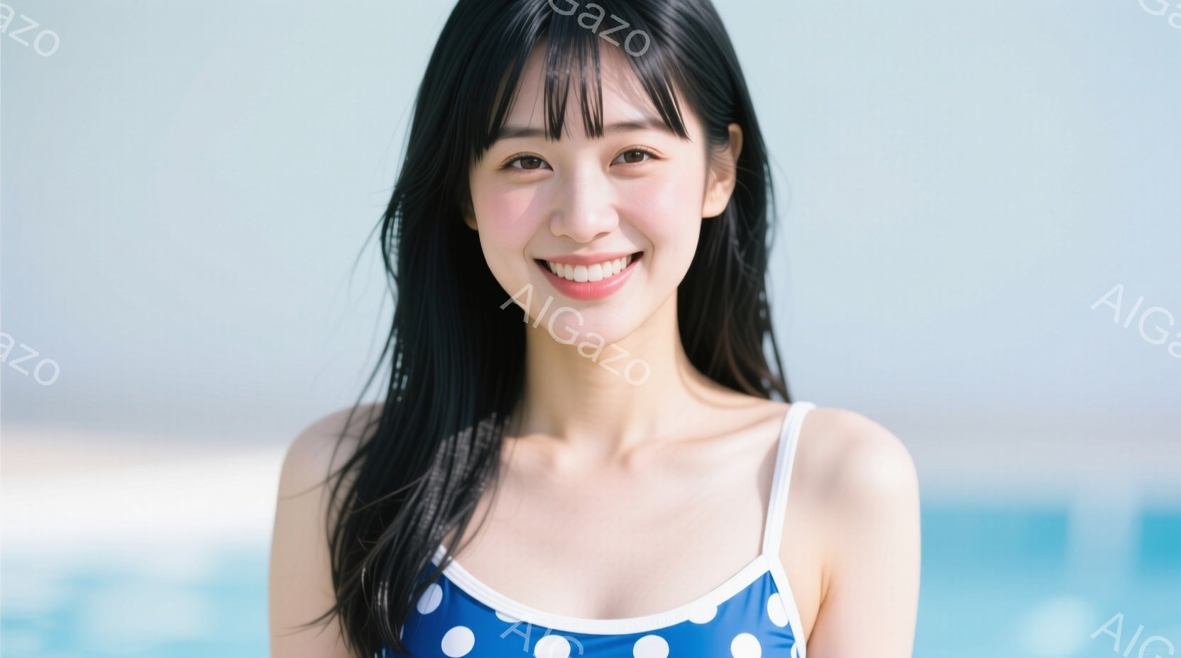 黒髪の女性が水色の水玉模様のワンピース水着を着て、微笑んでいます。彼女は肩を少し出し、長い黒髪はストレートで肩にかかっています。背景は青い海と空で、晴れた日の穏やかな雰囲気を醸し出しています。 - AI生成フリー素材