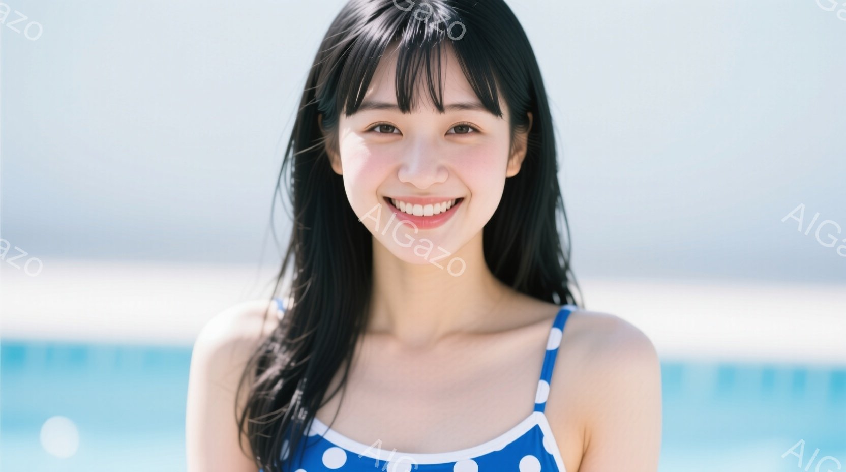 鮮やかな青色の水玉模様のワンピース水着を着た若い女性が、カメラに向かって笑顔でポーズを取っています。彼女は長い黒髪で、前髪が目にかかるようにカットされています。背景は穏やかな青色の水面で、晴れた日のリゾート地のような雰囲気です。