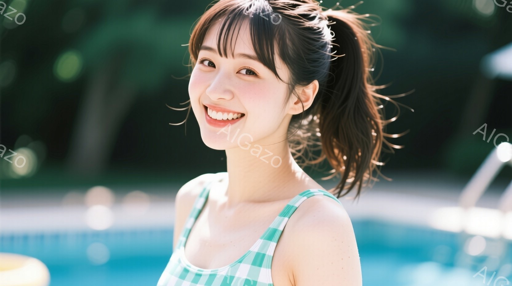 若い女性が微笑みながら正面を向いています。彼女は緑と白のギンガムチェックのキャミソールを着ており、髪は高い位置でポニーテールに結ばれています。背景には青いプールと緑豊かな木々が見え、晴れた日のリラックスした雰囲気を醸し出しています。