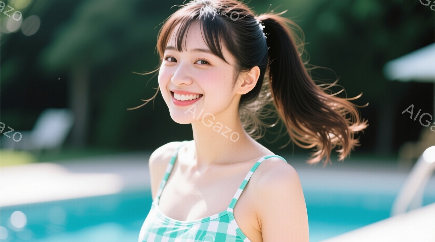 若い女性が水色のチェック柄のワンピースを着て、笑顔でこちらを見ている。彼女は髪を高くポニーテールにし、明るい日差しの中、リラックスした姿勢で立っている。背景には青いプールと白いパラソルが見え、夏の穏やかな雰囲気が漂っている。