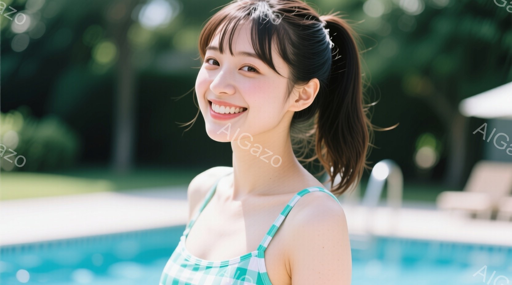 明るい緑色のチェック柄の水着を着た若い女性が写っている。彼女は髪をハーフアップにし、笑顔でカメラを見つめている。背景にはプールと緑豊かな木々があり、晴れた日のリラックスした雰囲気が漂っている。 - AI生成フリー素材