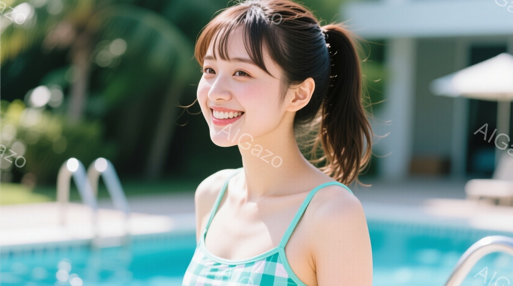 若い女性が水色のギンガムチェックのワンピース水着を着て、笑顔でこちらを見ている。髪は高い位置でポニーテールにし、頬はほんのり赤らんでいる。背景にはプールと白い建物、そして緑豊かな植物が見え、晴れた日のリゾート地のような雰囲気が漂っている。