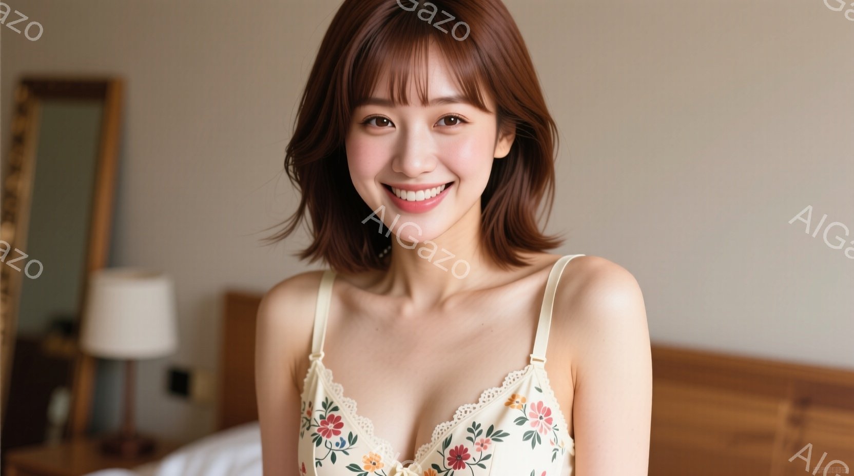 明るい色の花柄のキャミソールを着た若い女性が、微笑みを浮かべてカメラを見つめている。彼女は肩までの長さの茶髪で、前髪は少しふんわりとカールしている。背景にはベッドと間接照明が見え、全体的に暖かく優しい - AI生成フリー素材