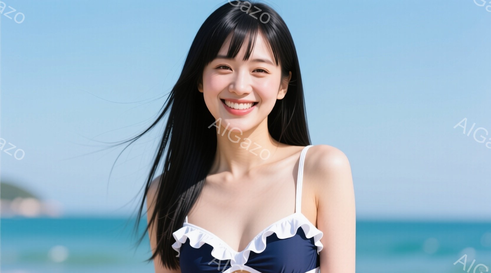長い黒髪を肩で分けた若い女性が、紺色と白のフリル付き水着を着て笑顔で正面を見つめています。彼女はわずかに体を傾け、リラックスした姿勢で、背景には青い海と穏やかな空が広がっています。全体的に、明るく爽や - AI生成フリー素材
