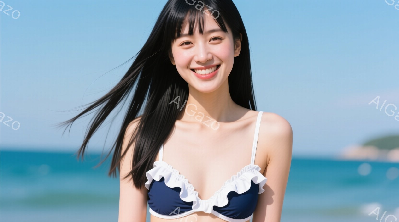 長い黒髪を風になびかせ、紺色と白のフリルが特徴のビキニを着た女性が写っています。彼女は微笑んでおり、リラックスした表情でカメラを見つめています。背景には青い海と白い砂浜が広がり、晴れた日のビーチの穏や - AI生成フリー素材