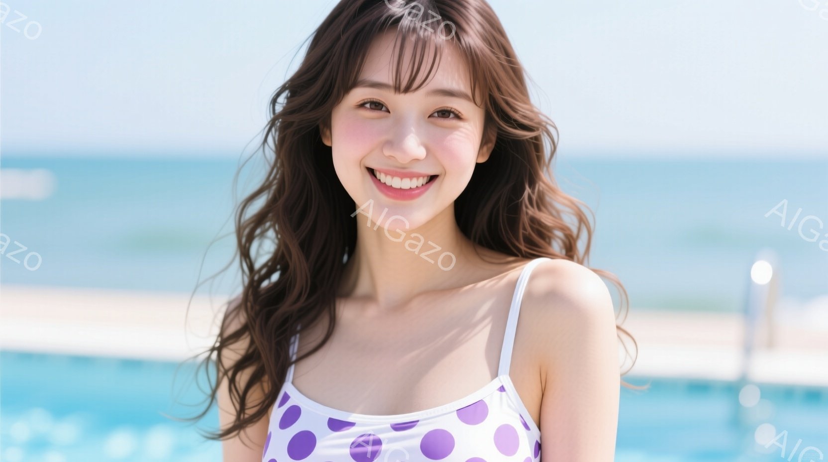 明るい笑顔を浮かべた若い女性が写っている。彼女は紫色の水玉模様のストラップ付き水着を着ており、ゆるやかなウェーブのかかった長い髪が肩にかかっている。背景には青い海とプール、そしてわずかに金属製の柵が見 - AI生成フリー素材