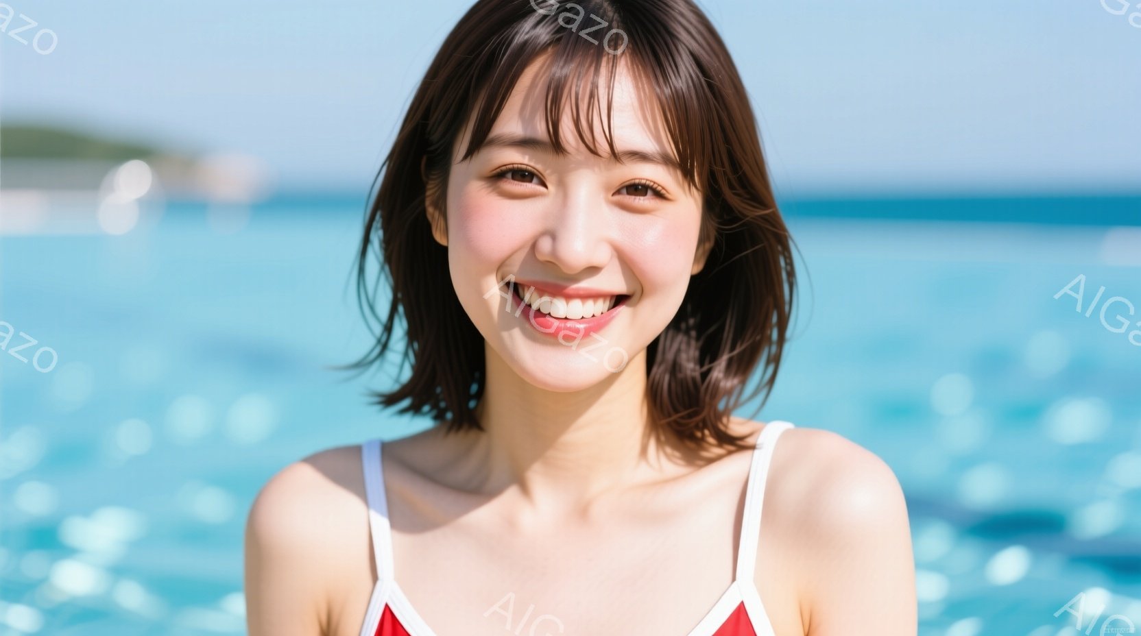 明るい笑顔を浮かべた若い女性が写っている。彼女は肩出しの赤い水着を着用し、前髪を少しカールさせた肩までの長さの黒髪が特徴的だ。背景には青い海と空が広がり、晴れた日のビーチリゾートの雰囲気が漂っている。 - AI生成フリー素材