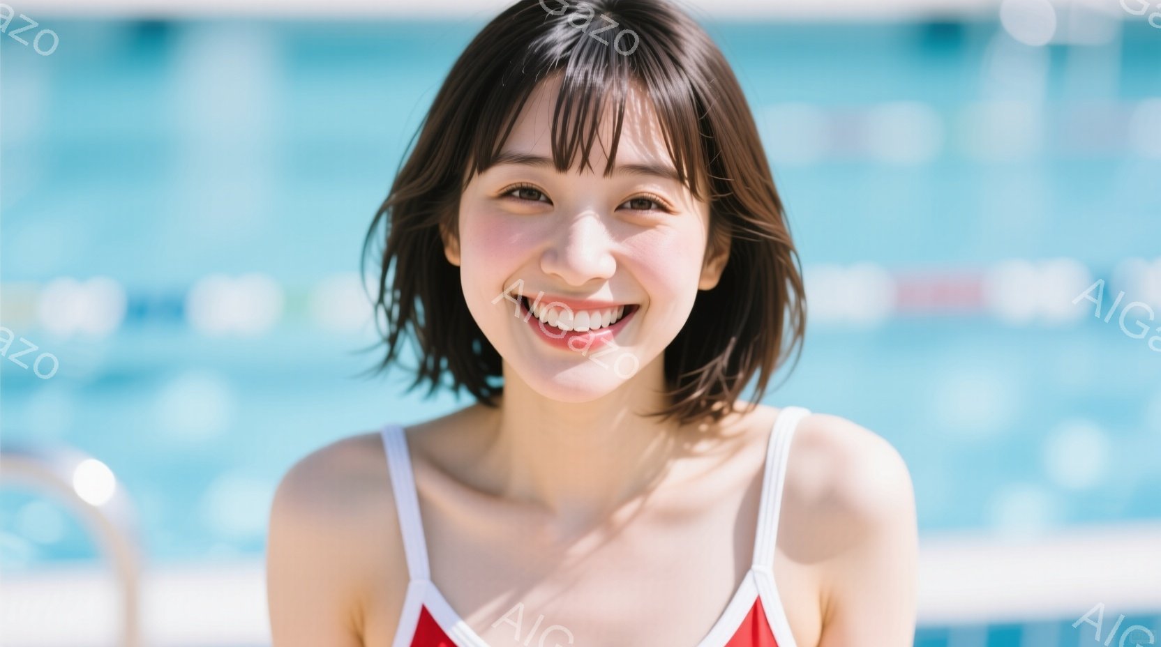 ショートヘアの女性が、白い縁取りのある赤い水着を着て、カメラに向かって明るく微笑んでいます。彼女はリラックスした姿勢で、背景には水色のプールの水面が見え、強い日差しを受けています。 全体的に、夏の活気と楽しさを感じさせる、爽やかな雰囲気の写真です。