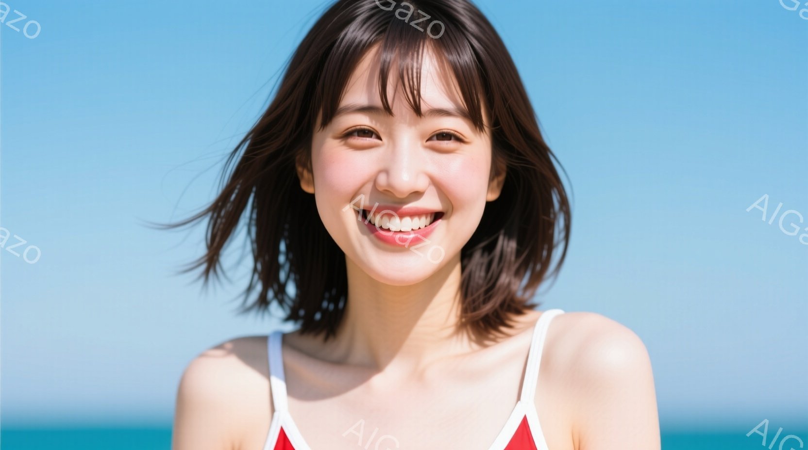 若い女性がカメラに向かって微笑んでいます。彼女は赤いビキニの上着と白いストラップのビキニボトムを着ており、肩を露出しています。背景は青い海と空で、強い日差しが照らされ、活気のある夏らしさを感じさせます。