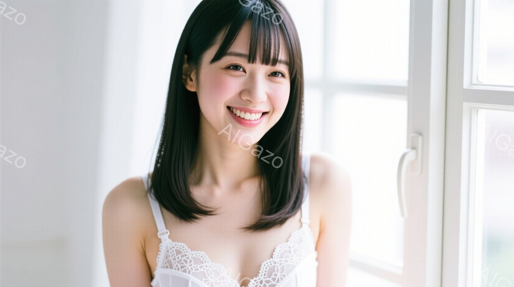 黒髪の短いボブヘアの女性が、白いレースのキャミソールを着て、カメラに向かって微笑んでいます。彼女はわずかに体を前に傾け、リラックスした姿勢で、背景には白い窓枠が見えます。全体的に、明るく清潔感のある、 - AI生成フリー素材
