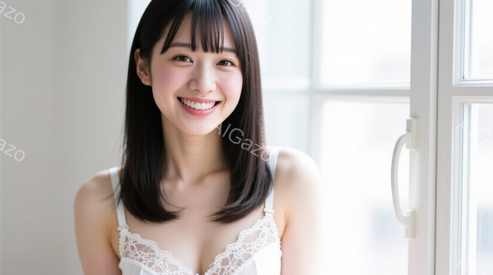 黒髪の女性が正面を向いて微笑んでいます。白いレースのキャミソールを着ており、髪は肩にかかる長さで、前髪は眉毛にかかるようにカットされています。背景はぼやけており、窓枠の一部が見えますが、全体的に明るく - AI生成フリー素材
