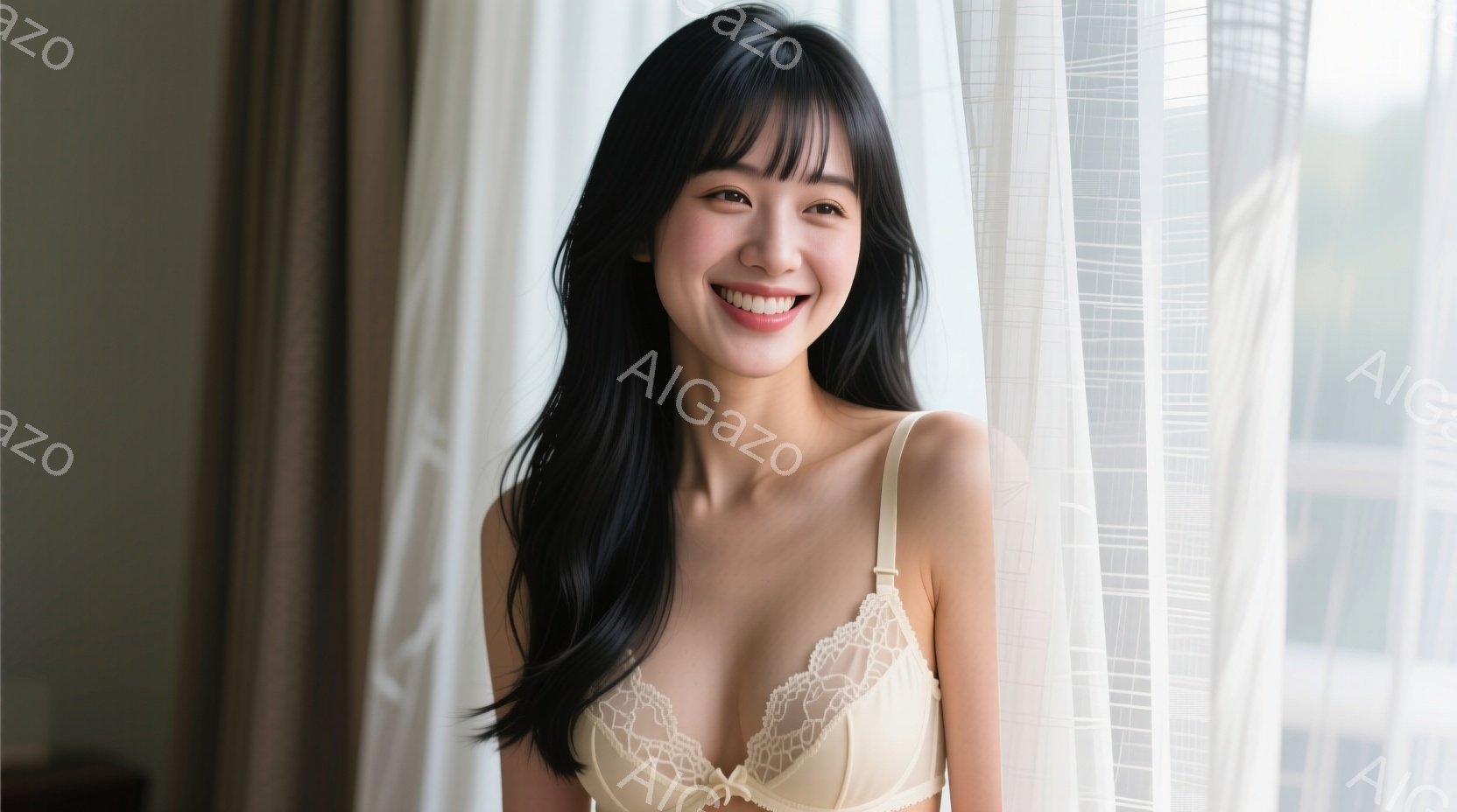 黒髪の女性が、クリーム色のレースのブラレットを着用し、窓辺で微笑んでいます。彼女は長い髪を自然に垂らし、穏やかな表情でカメラを見つめています。背景にはぼやけた窓の外の風景が見え、柔らかく明るい雰囲気を - AI生成フリー素材