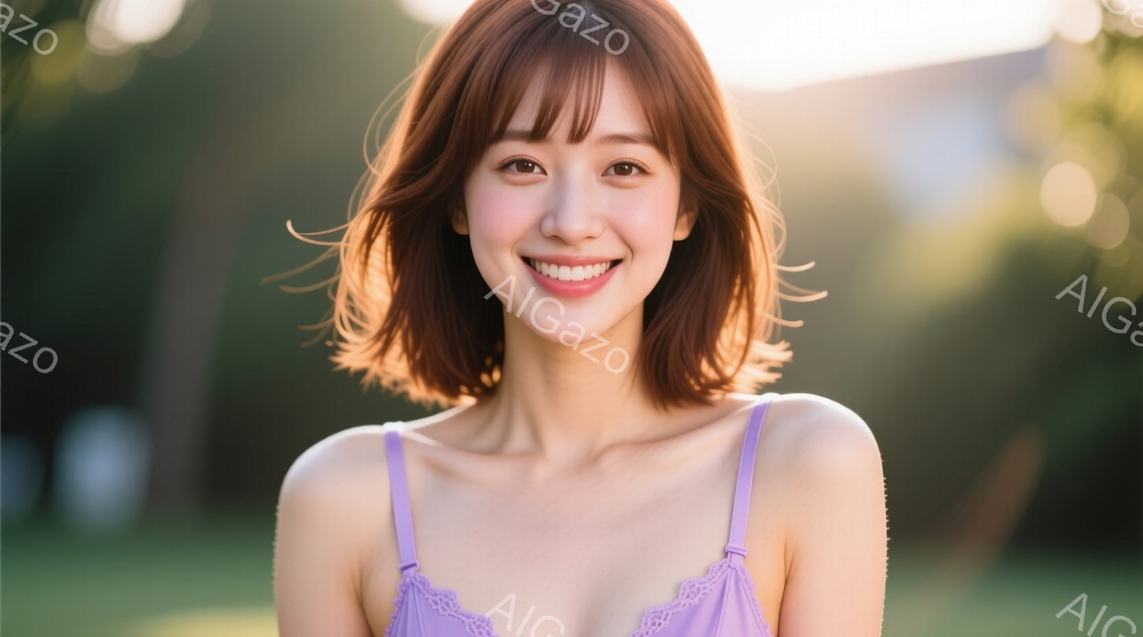 明るい茶色の髪を肩の長さで切り揃えた女性が、紫色のキャミソールを着て微笑んでいます。彼女はカメラに向かって少し顔を傾け、自然な笑顔を見せており、背景には緑豊かな木々が見えます。全体的に、暖かく、リラッ - AI生成フリー素材