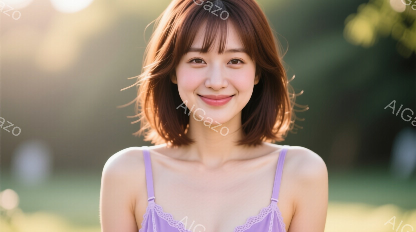 ショートヘアの女性が写っており、明るい笑顔を浮かべています。紫色のキャミソールを着ており、背景は緑豊かな自然で、柔らかな光が差し込んでいます。全体的に、温かく、リラックスした雰囲気が漂っています。 - AI生成フリー素材