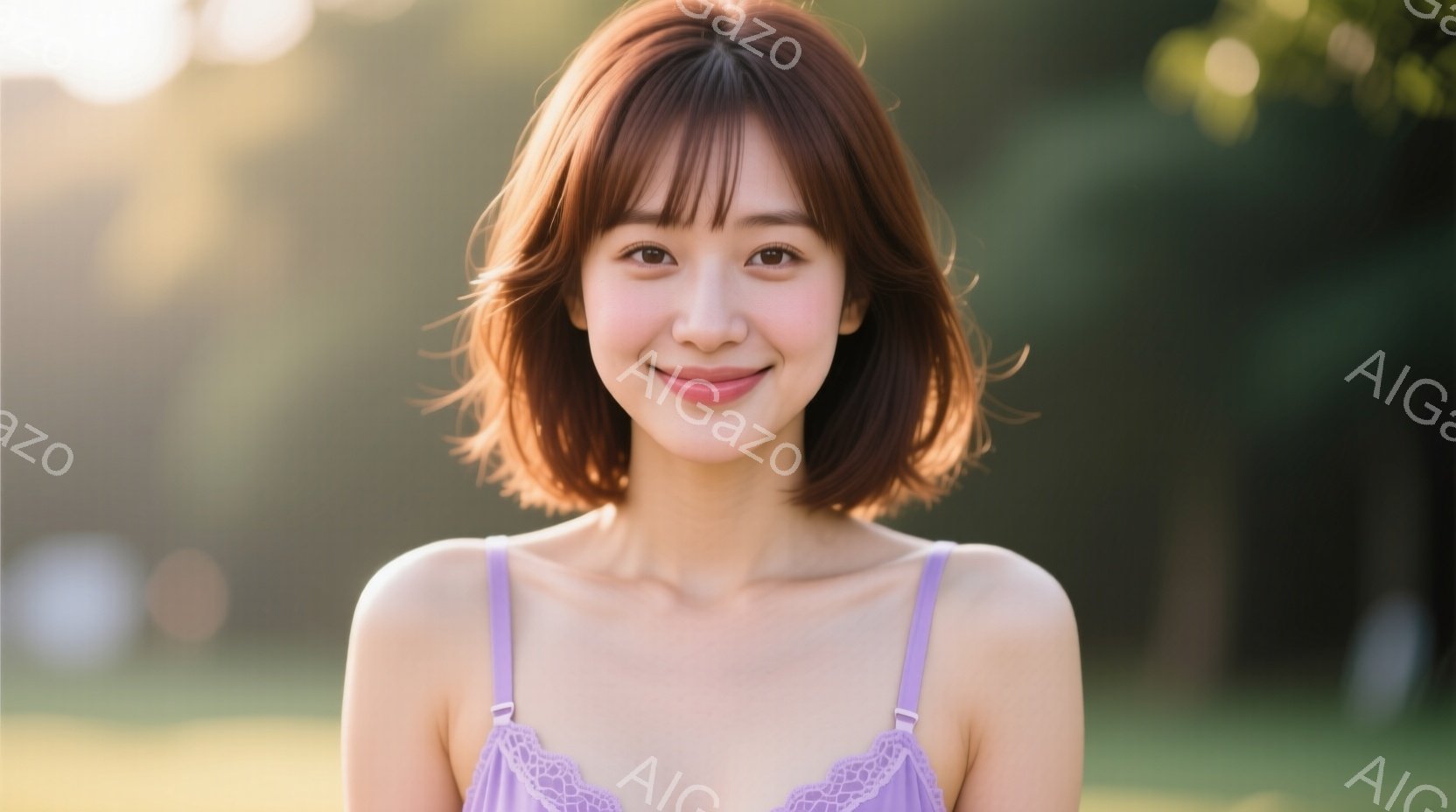 明るい茶色のショートヘアに前髪を少し長めに残した女性が、紫色のキャミソールを着て微笑んでいます。彼女は正面を向き、リラックスした姿勢で立っており、背景には緑豊かな自然が見えます。全体的に、柔らかく暖か - AI生成フリー素材
