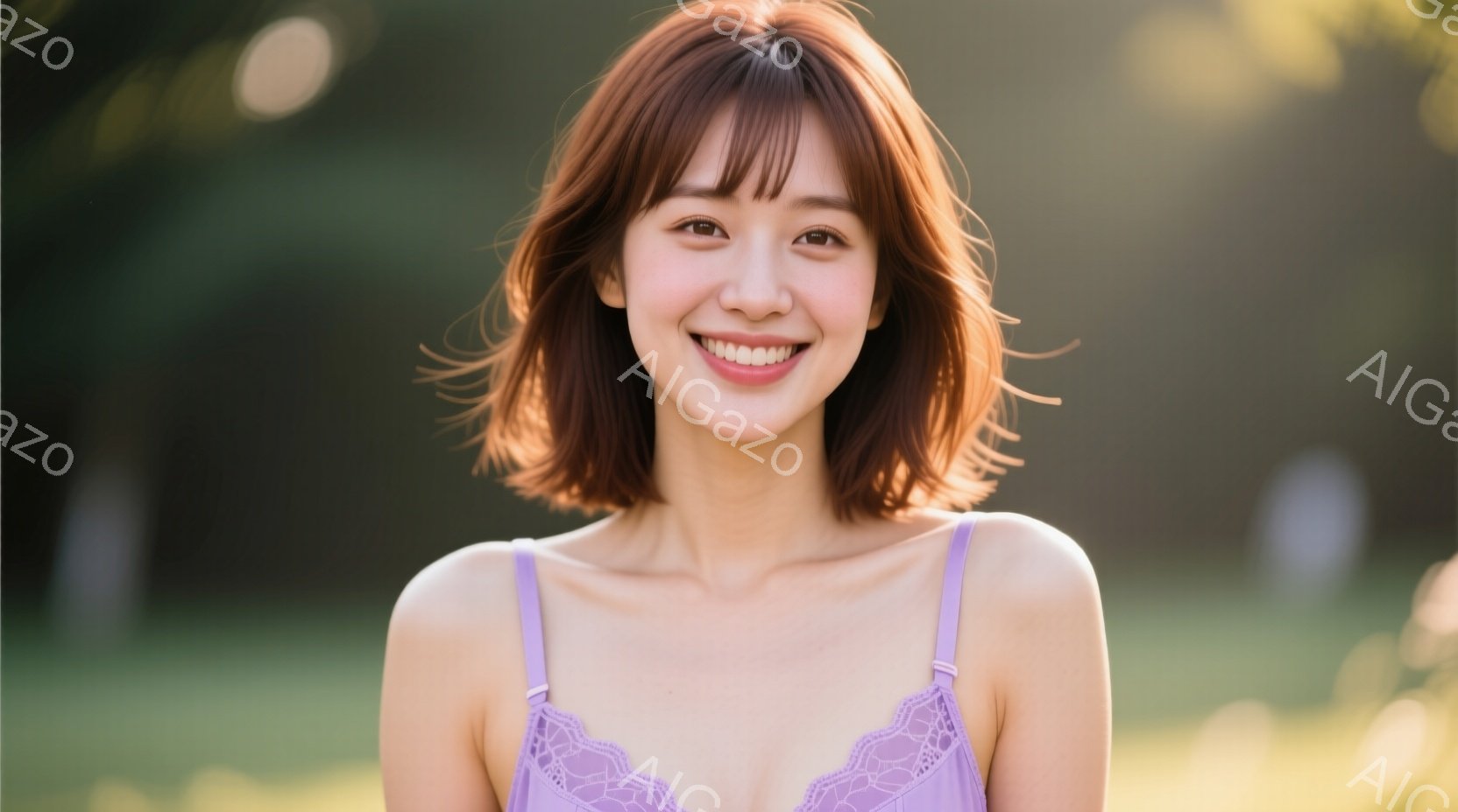 明るい茶色の髪を肩のあたりで切り揃えた女性が、紫色のキャミソールを着て正面を見つめて微笑んでいます。背景は緑豊かな自然で、光が差し込み穏やかな雰囲気が漂っています。彼女はリラックスした姿勢で、自然な笑 - AI生成フリー素材