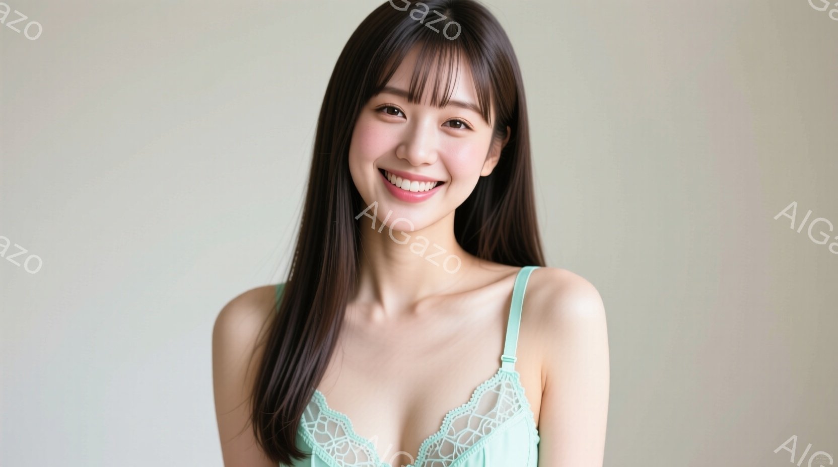 長い黒髪をセンターパートにした若い女性が微笑んでいます。淡い水色のレースのブラレットを着用し、正面を向き、リラックスした姿勢で立っています。背景は淡いベージュ色で、人物に焦点が当てられたシンプルなポー - AI生成フリー素材