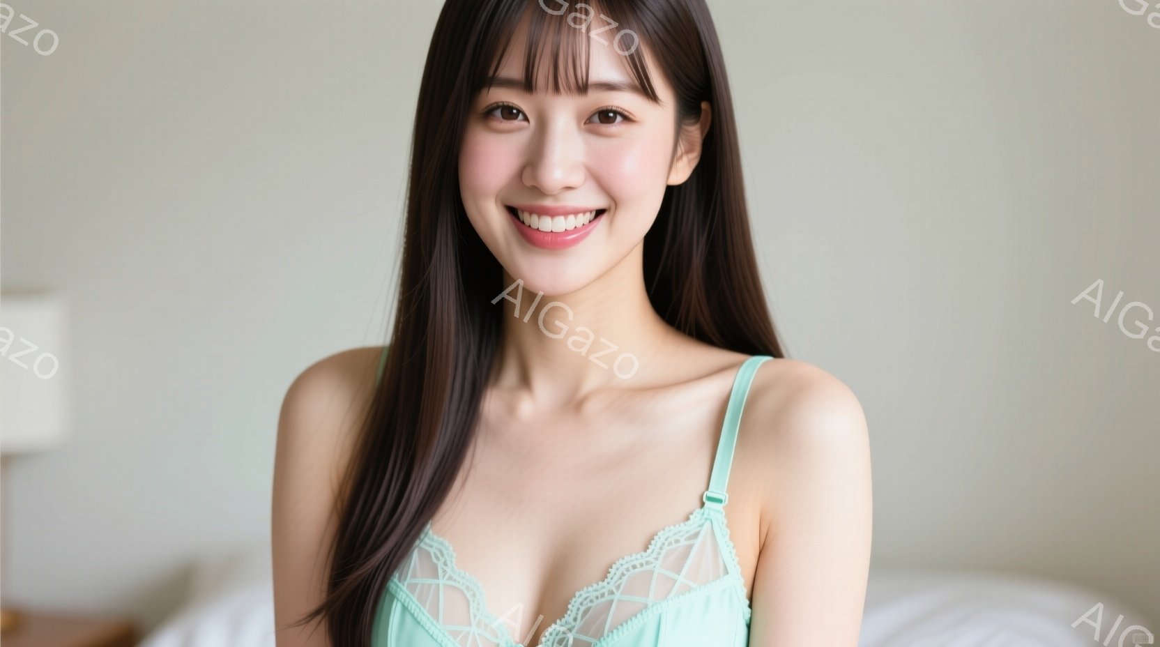 長い黒髪をセンターパートにした女性が、薄いミントグリーンのレースのキャミソールを着て微笑んでいます。彼女は正面を向き、リラックスした姿勢で、背景には白いベッドと柔らかな光が広がっています。 全体的に、 - AI生成フリー素材