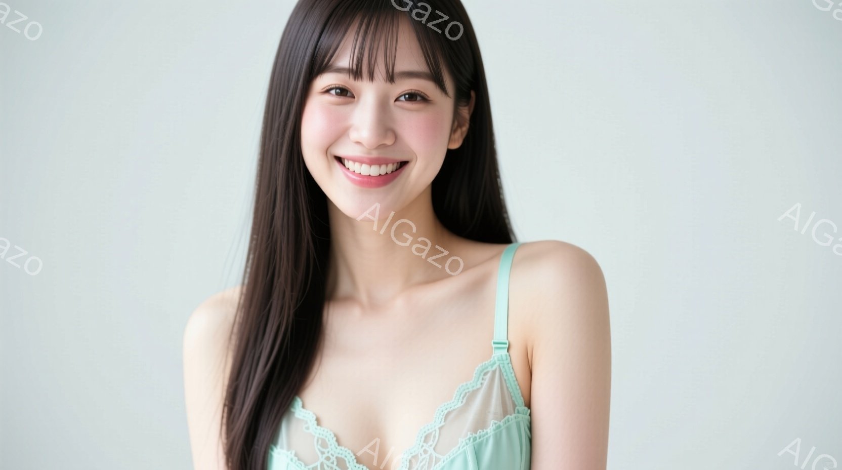 長い黒髪で、前髪は眉毛にかかるように切り揃えられています。淡い水色のキャミソールを着ており、白いレースの縁取りが可愛らしい印象を与えます。笑顔でカメラを見つめており、明るく親しみやすい雰囲気が漂ってい - AI生成フリー素材