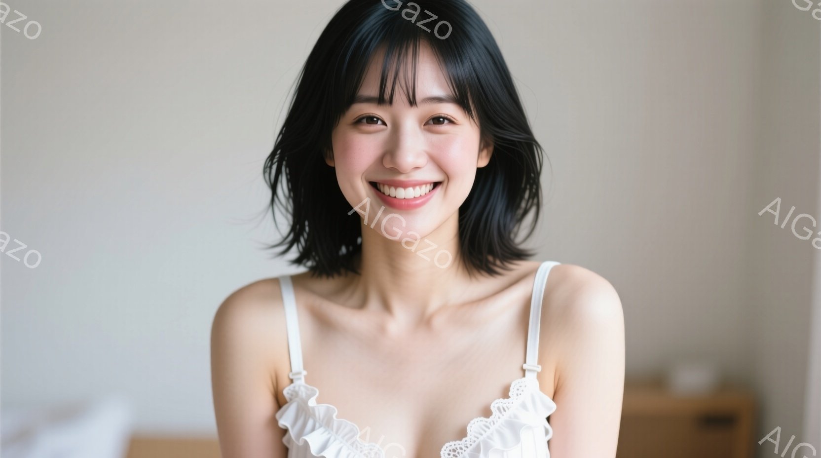 黒髪の女性が、白いレースのキャミソールを着て、微笑んでいます。彼女は肩を少し内側に寄せ、正面をまっすぐ見ており、自然な笑顔を見せています。背景はぼやけており、暖色系の壁と家具の一部が見え、柔らかく優し - AI生成フリー素材