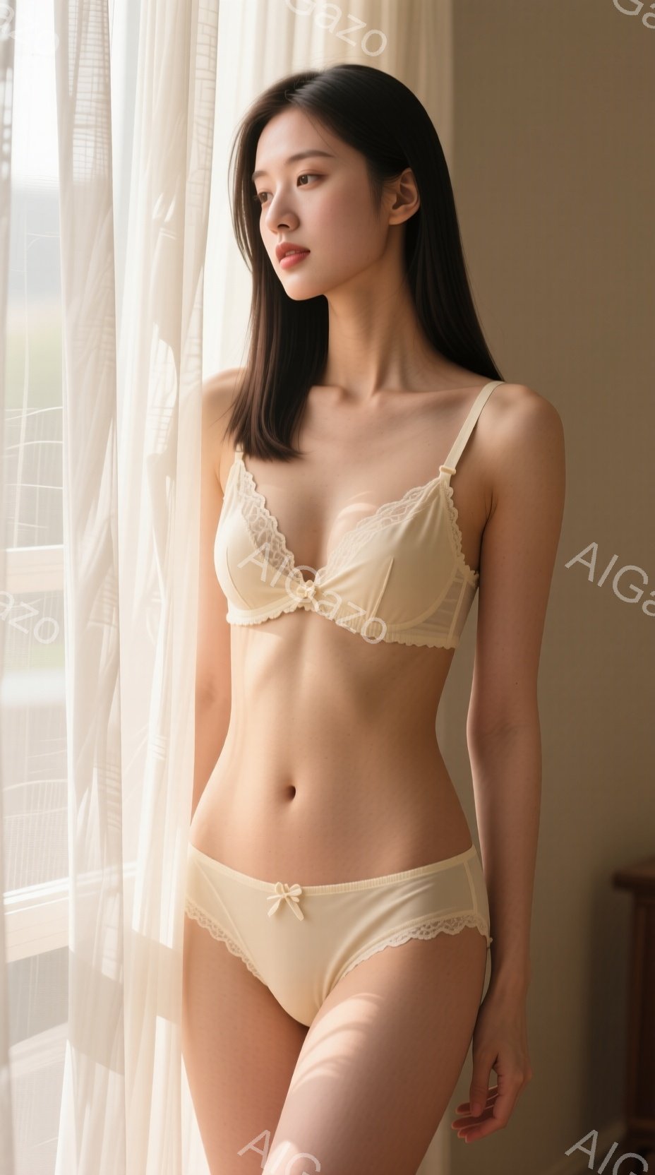 明るいベージュ色のレースが縁取られたブラジャーとショーツを身につけた若い女性が写っています。彼女は少し内側を向き、穏やかな表情で、柔らかい光が差し込む窓辺に立っています。背景はぼやけていますが、カーテ - AI生成フリー素材