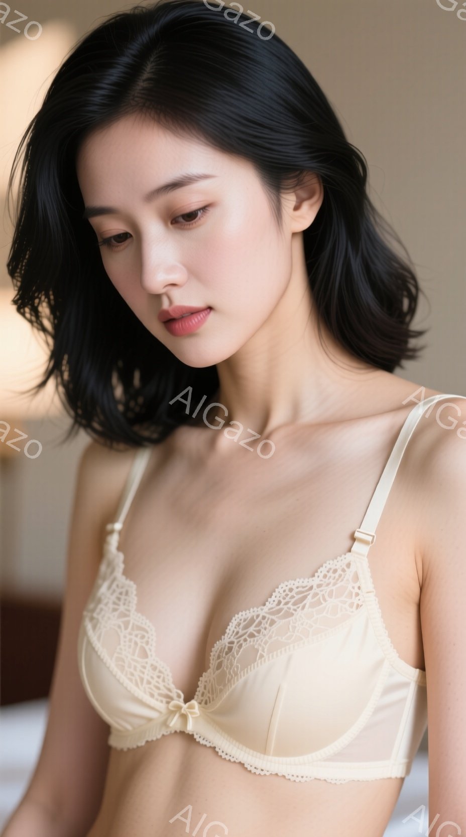 長い黒髪の女性が、アイボリー色の繊細なレースがあしらわれたブラレットを着用して立っています。彼女は少し下を向いており、表情は穏やかで控えめです。背景はぼやけており、おそらく室内で、柔らかい光が彼女を照 - AI生成フリー素材