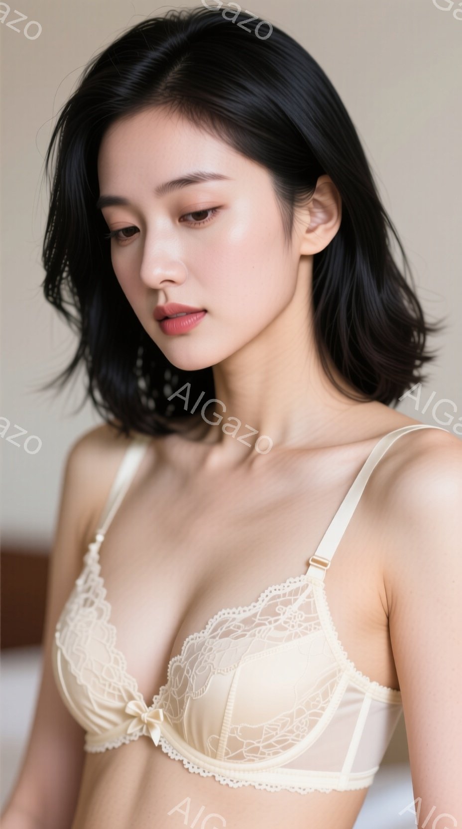 黒髪の女性がクリーム色の繊細なレースのブラレットを着用し、少し内向きに視線を落としています。肩まで届く黒髪は自然なウェーブを描き、肌は滑らかで健康的です。背景はぼかされており、暖かく柔らかな光が彼女を - AI生成フリー素材