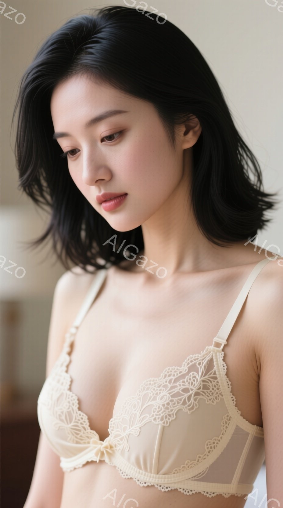 明るい茶髪の女性が、淡いクリーム色のレースのブラレットを着用して立っています。彼女は軽く前かがみになり、穏やかで少し憂いを帯びた表情をしています。背景はぼかれていますが、温かみのある室内空間であること - AI生成フリー素材