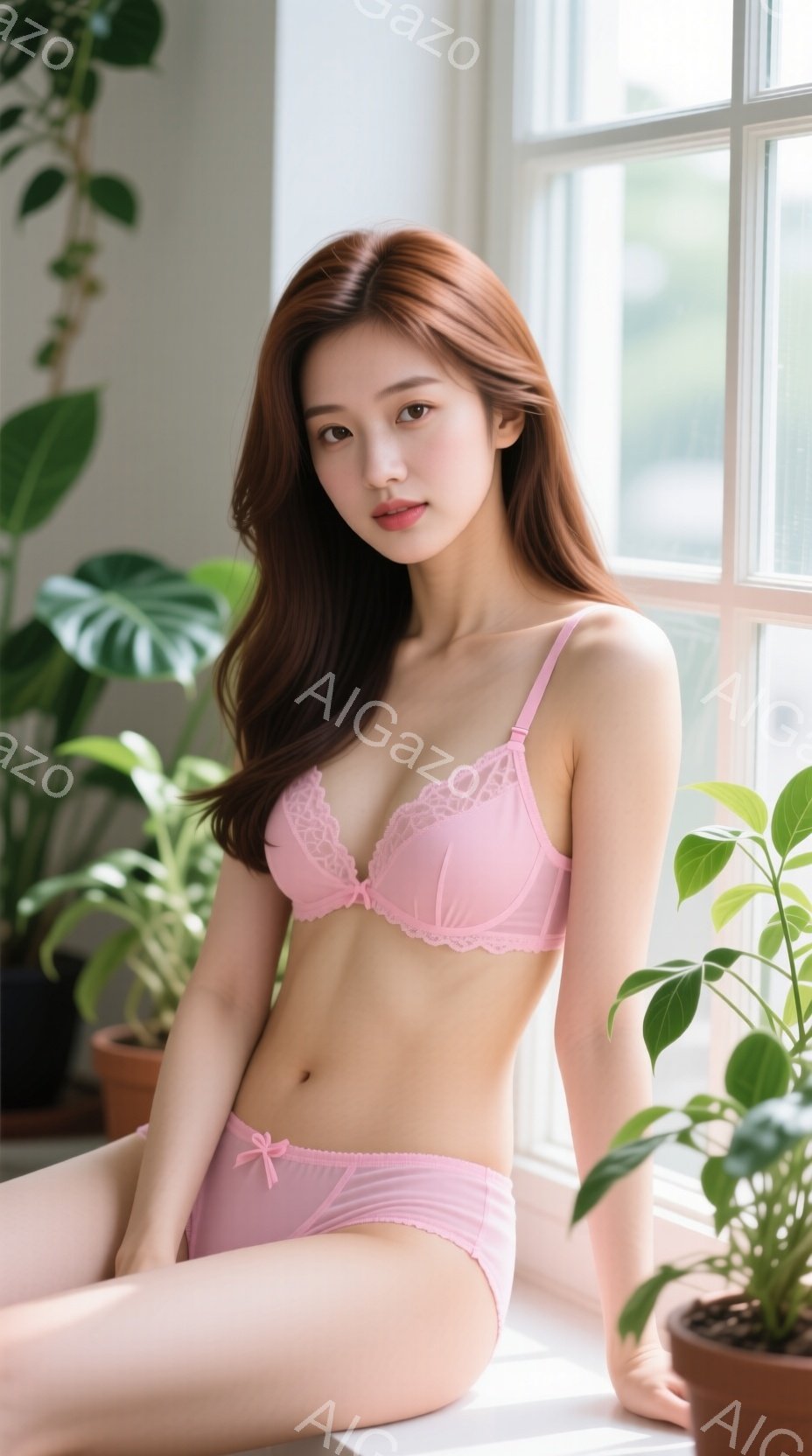 長い茶色の髪が肩にかかる女性が、窓辺に座ってピンクのランジェリーセットを身に着けています。彼女はわずかに微笑み、リラックスした表情で、自然光が彼女を柔らかく照らしています。背景には緑豊かな植物が配置さ - AI生成フリー素材