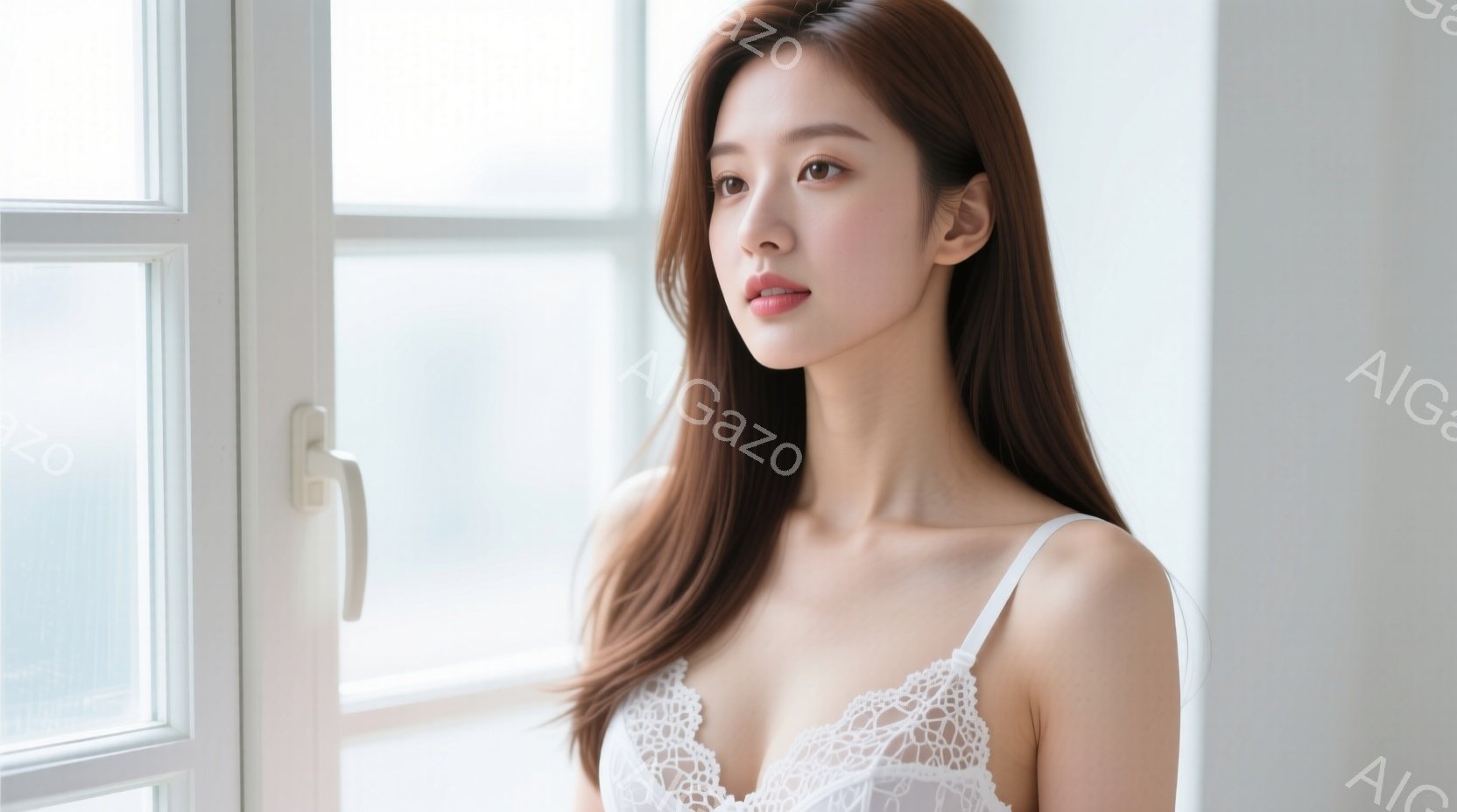 長い茶色のストレートヘアの女性が、白いレースのキャミソールを着て、窓のそばに立っている。彼女は少し微笑んでおり、優雅で穏やかな表情をしている。窓の外にはぼやけた街並みが広がっており、柔らかい光が彼女を - AI生成フリー素材