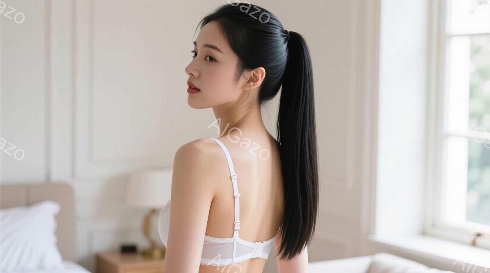 長い黒髪を後ろで一つに結んだ女性が、白いブラレット姿でこちらを振り返っています。穏やかな表情で、少し微笑んでいるように見えます。背景は明るい室内で、ベッドやテーブルなどの家具が見え、全体的に柔らかく優 - AI生成フリー素材