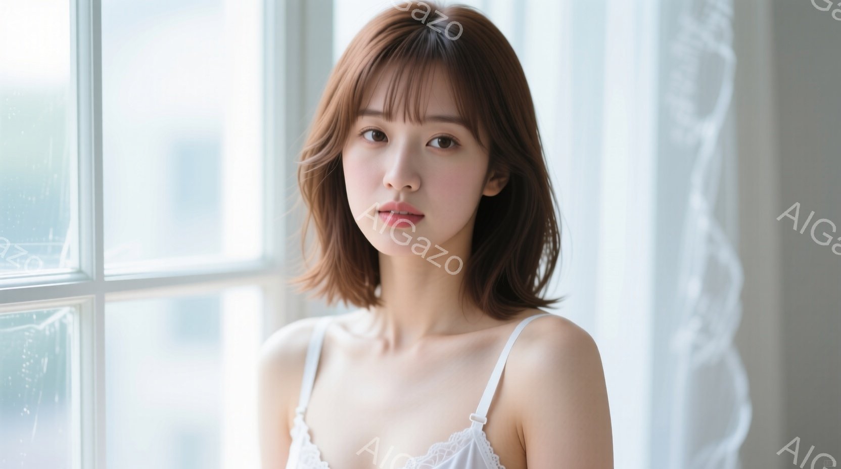 この女性は肩出しの白いレースのキャミソールを着ており、明るい茶色の短いヘアスタイルで、前髪が目にかかっています。彼女はカメラに向かって微笑んでおり、穏やかで優しい表情をしています。背景には窓枠とぼんや - AI生成フリー素材