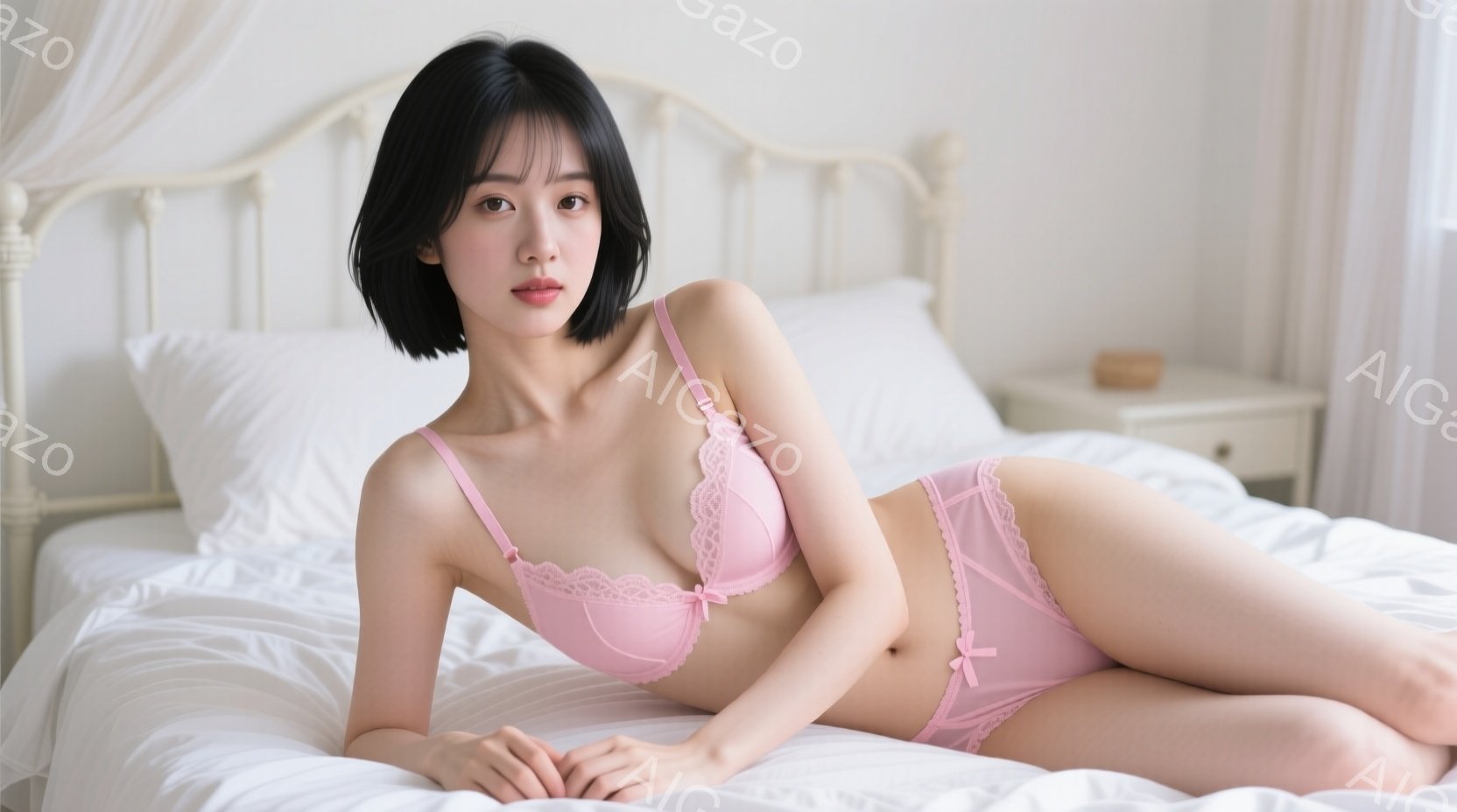 ショートヘアの女性がピンク色のランジェリーを着てベッドに横たわっている。彼女はリラックスした表情で、カメラに向かって微笑んでいるように見える。背景は白いベッドとシンプルな家具で、全体的に明るく清潔な雰 - AI生成フリー素材