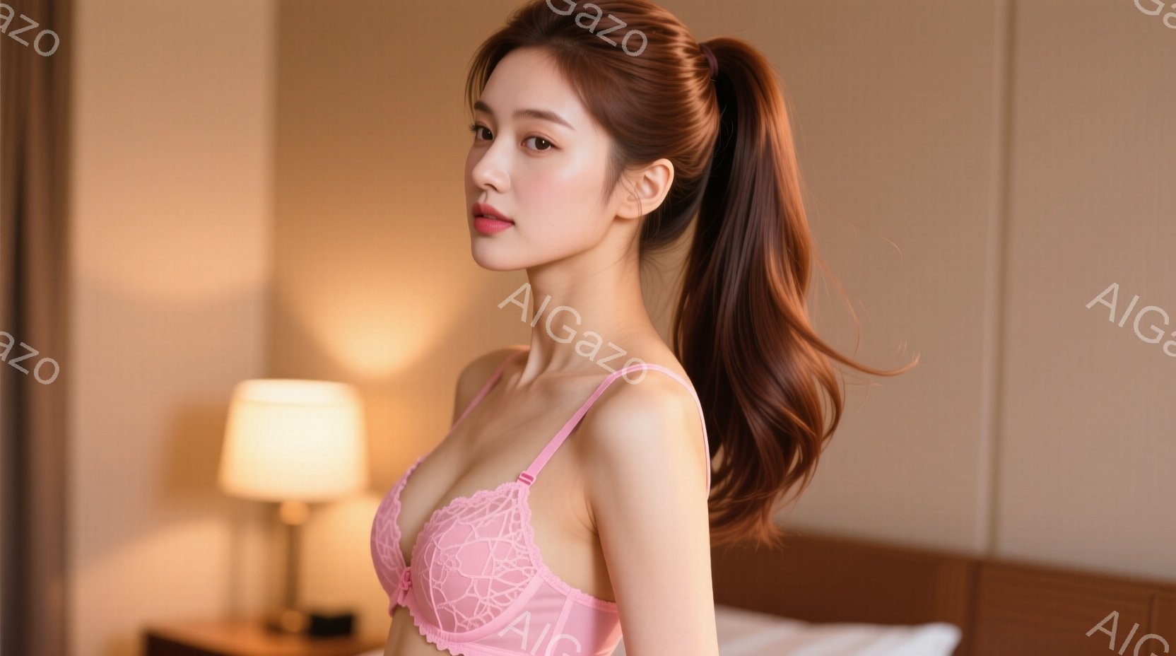 長い茶色の髪を高くポニーテールにした女性が、ピンク色のレースのブラレットを着ています。彼女は横を向いており、穏やかな表情で少し微笑んでいるように見えます。背景には、白い枕とテーブルランプが置かれたベッドルームの一角があり、全体的に柔らかく暖かい雰囲気が漂っています。