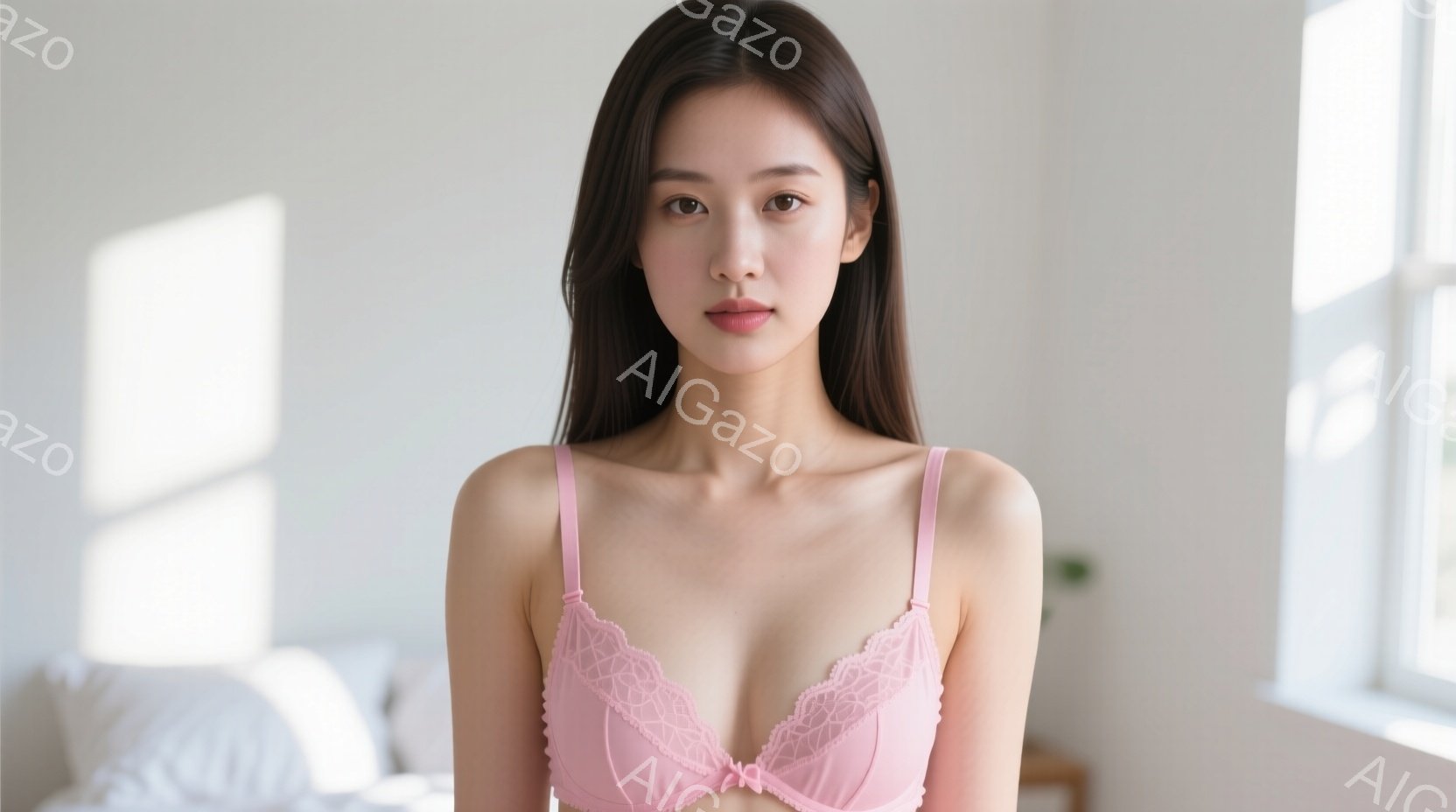 長い黒髪の女性が、薄いピンク色のレースのブラレットを着て正面を向いています。彼女は穏やかな表情で、少し微笑んでいるように見えます。背景は白い壁と光の差し込む窓があり、部屋の柔らかい光が彼女を照らしてい - AI生成フリー素材