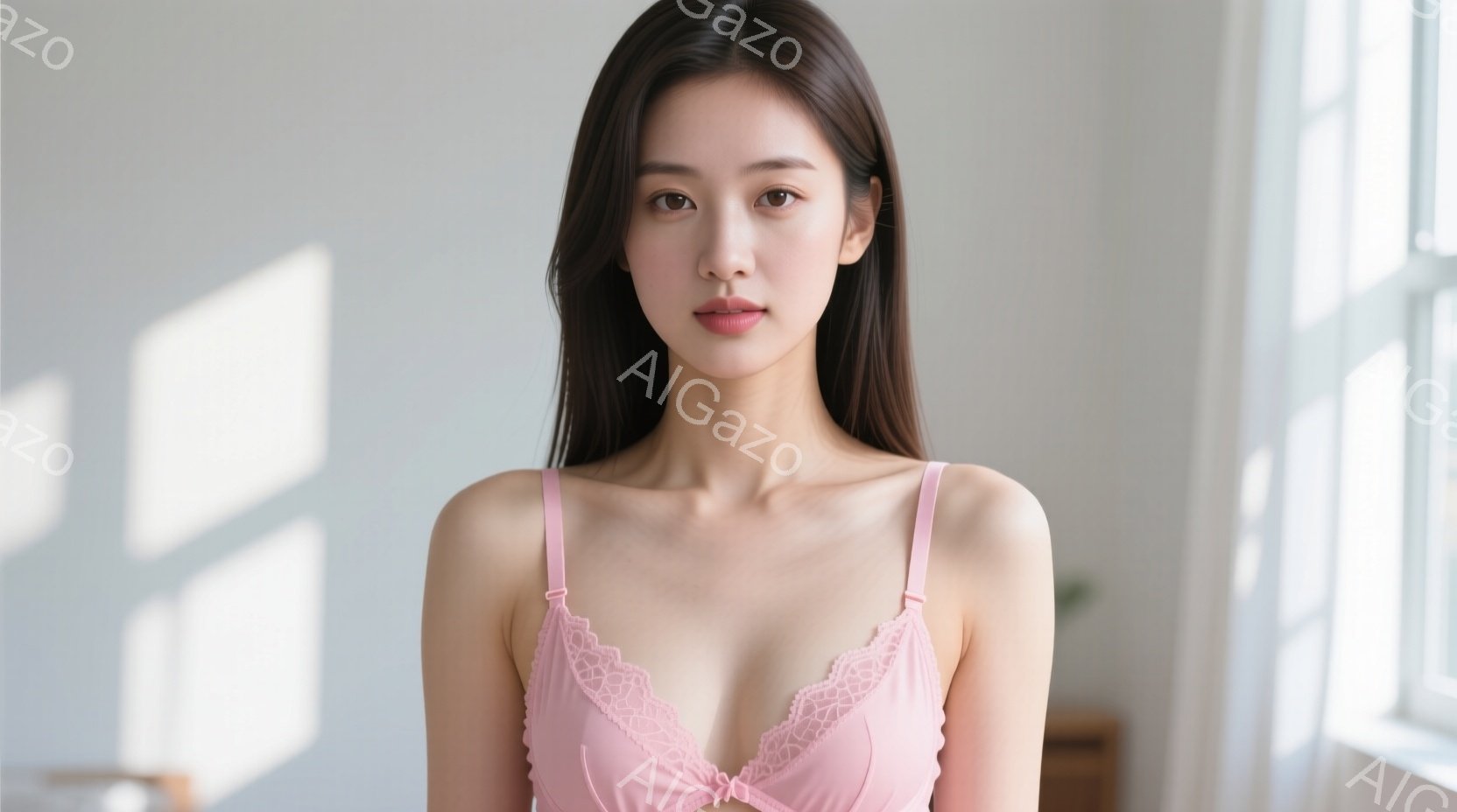 長い黒髪の女性が、薄いピンク色のキャミソールを着て正面を見つめています。彼女は穏やかな表情で、リラックスした姿勢で立っています。背景は明るい部屋で、窓から差し込む光が壁に影を作っています。 - AI生成フリー素材