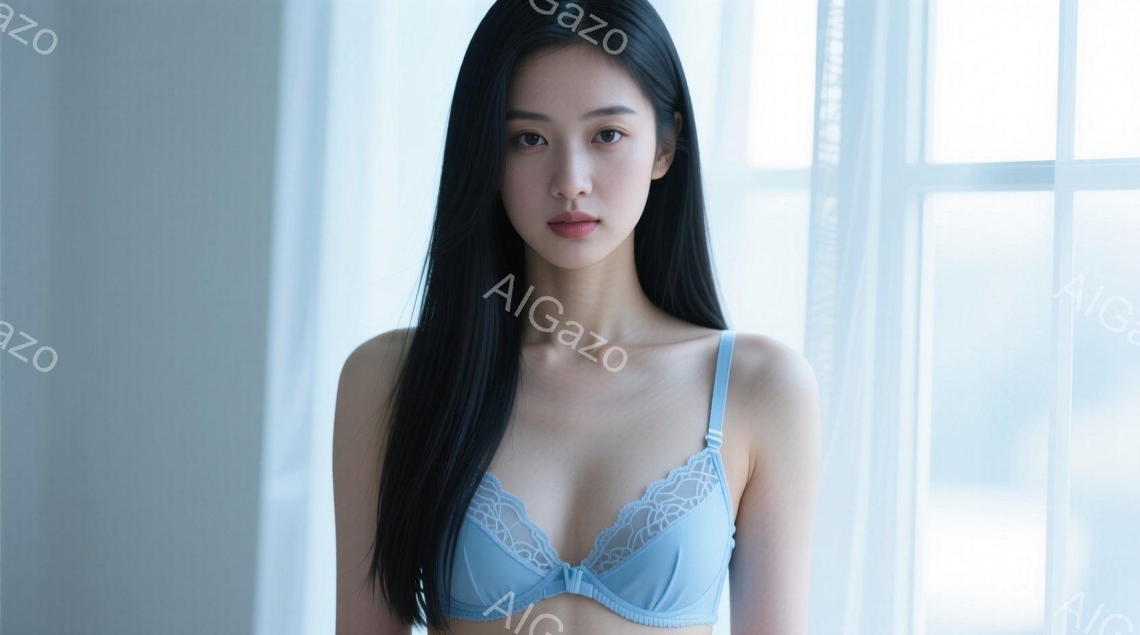 長い黒髪の女性が、薄い水色のレース付きブラレットを着て正面を向いています。彼女はわずかに微笑み、落ち着いた表情でカメラを見つめています。背景は白い窓枠が並んだ壁で、柔らかい光が差し込み、全体的に穏やか - AI生成フリー素材