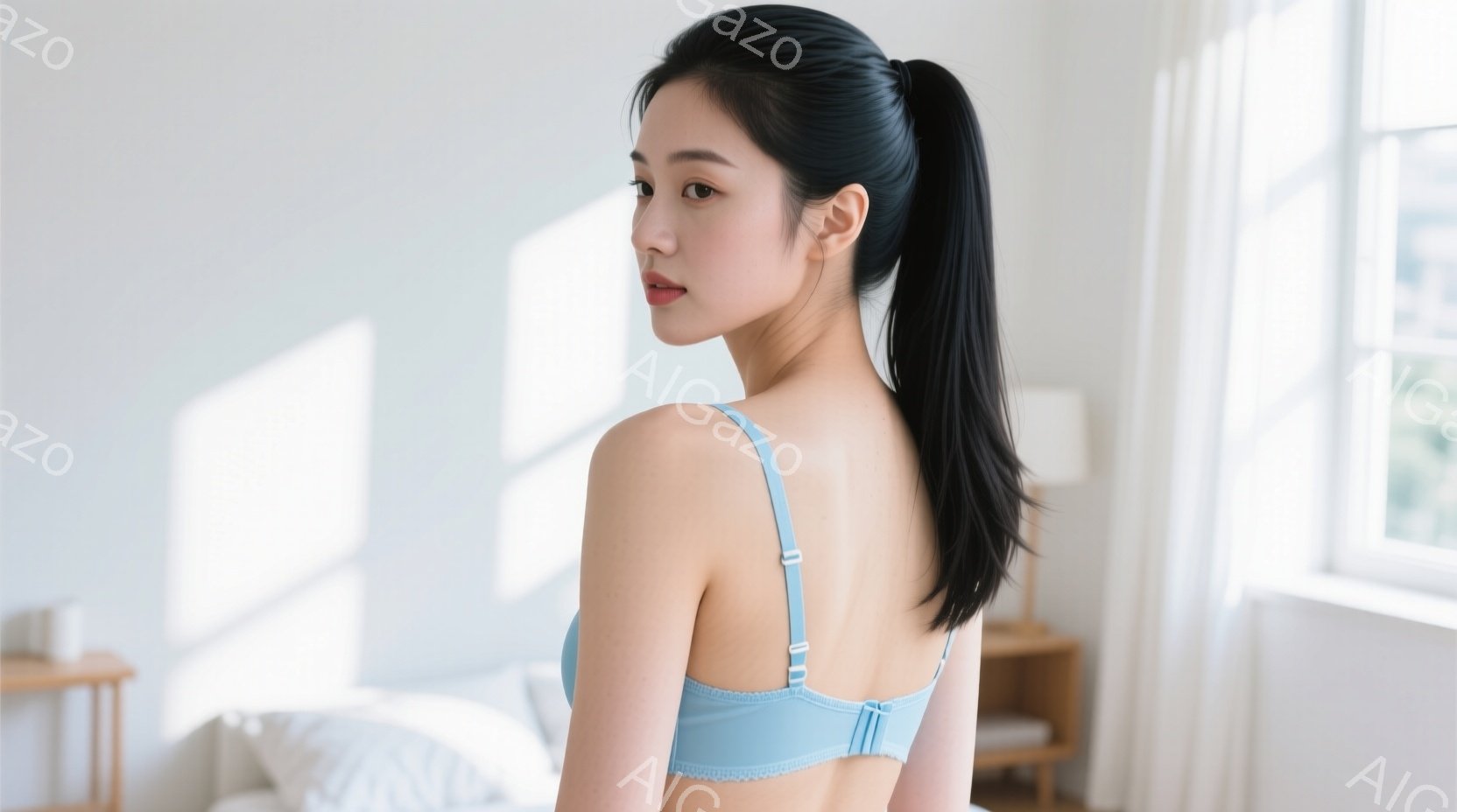 長い黒髪をポニーテールにした女性が、淡い水色のブラレットを着用し、後ろ姿を見せています。彼女は少し振り返っており、穏やかで物憂げな表情をしています。背景は明るい室内で、窓から差し込む光が彼女の肩と背中 - AI生成フリー素材
