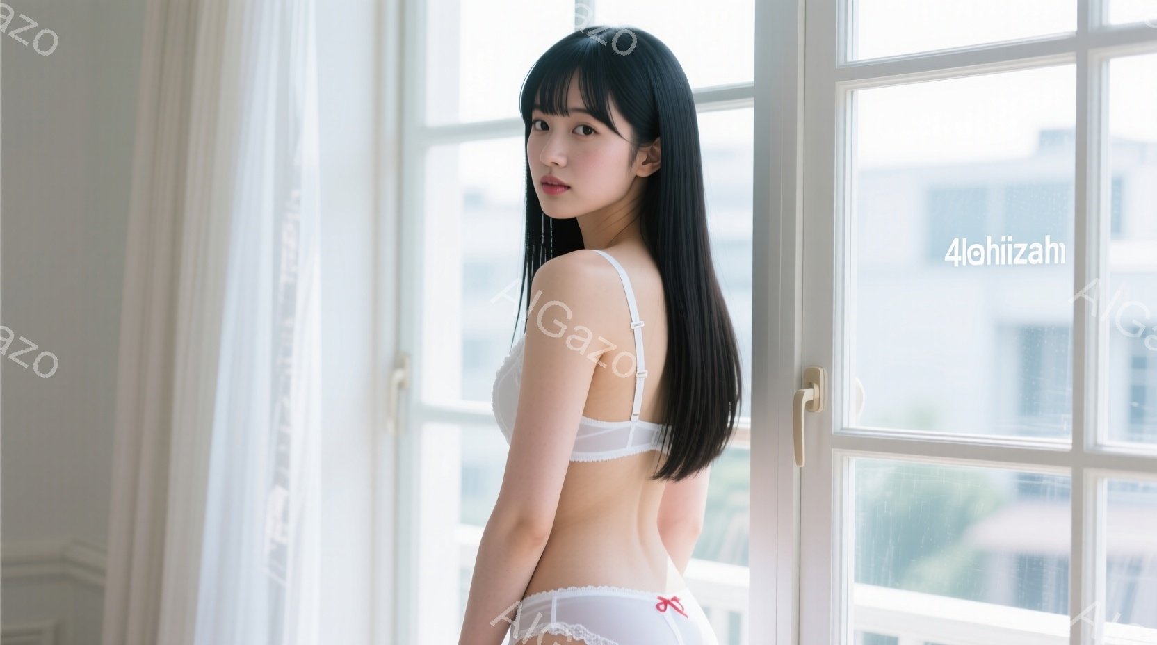 長い黒髪を背中に垂らし、白いレースのブラとショーツ姿の女性が写っている。彼女は少し振り返り、カメラを見ているが、表情は穏やかで、どこか憂いを帯びている。背景には窓越しに建物が見え、晴れた日の柔らかな光 - AI生成フリー素材