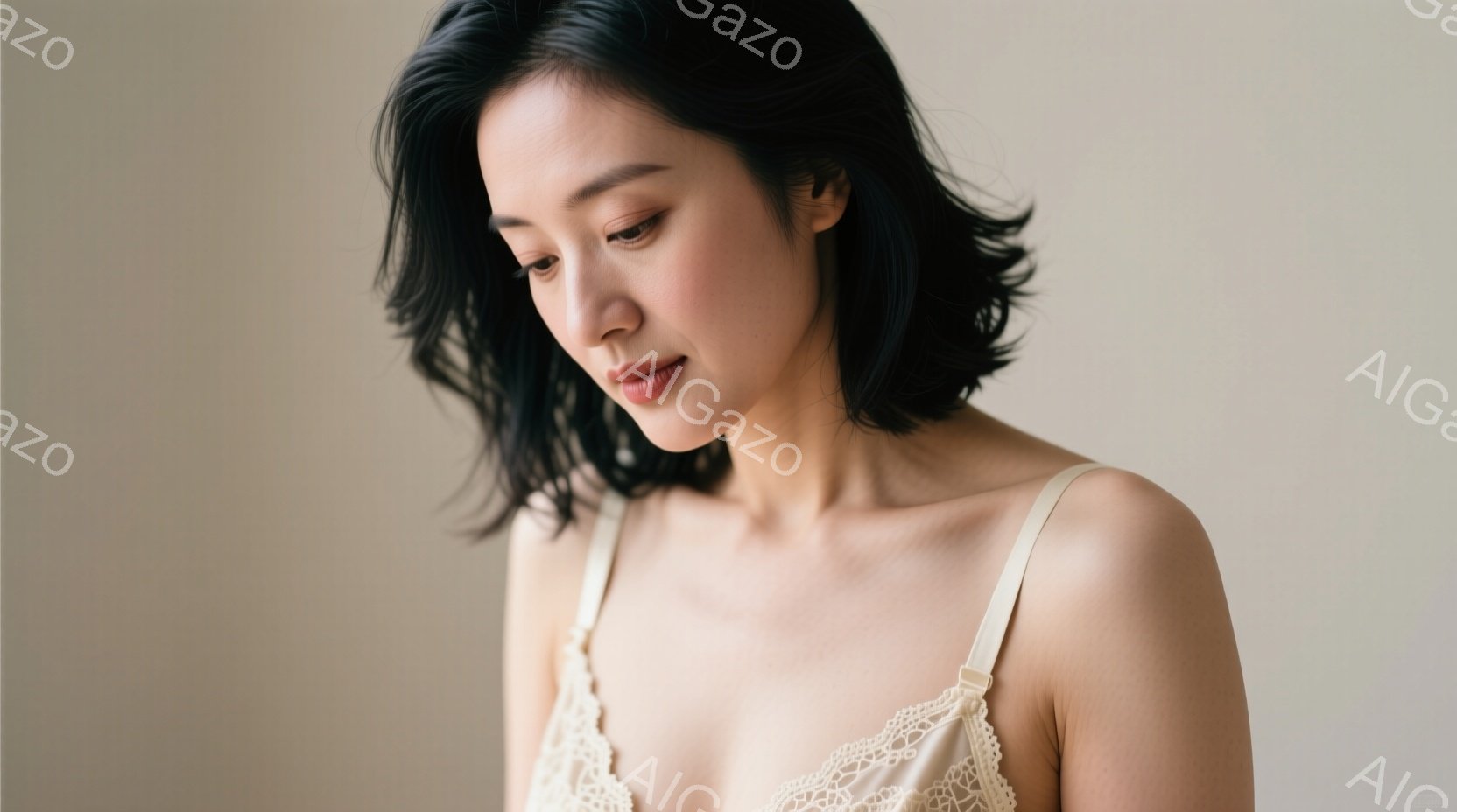 黒髪の女性が、淡いベージュ色のキャミソールを着て、少し下を向いた表情で立っている。彼女の髪は肩にかかる長さで、ふんわりとカールしている。背景は淡いクリーム色で、柔らかく穏やかな雰囲気を醸し出している。 - AI生成フリー素材